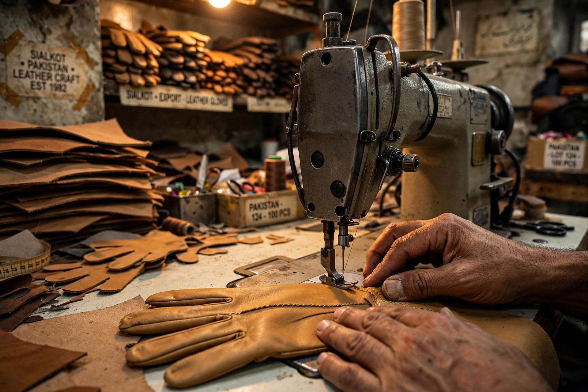 Craftsman stitching leather gloves on an industrial sewing machine at the HNJ factory in Sialkot
