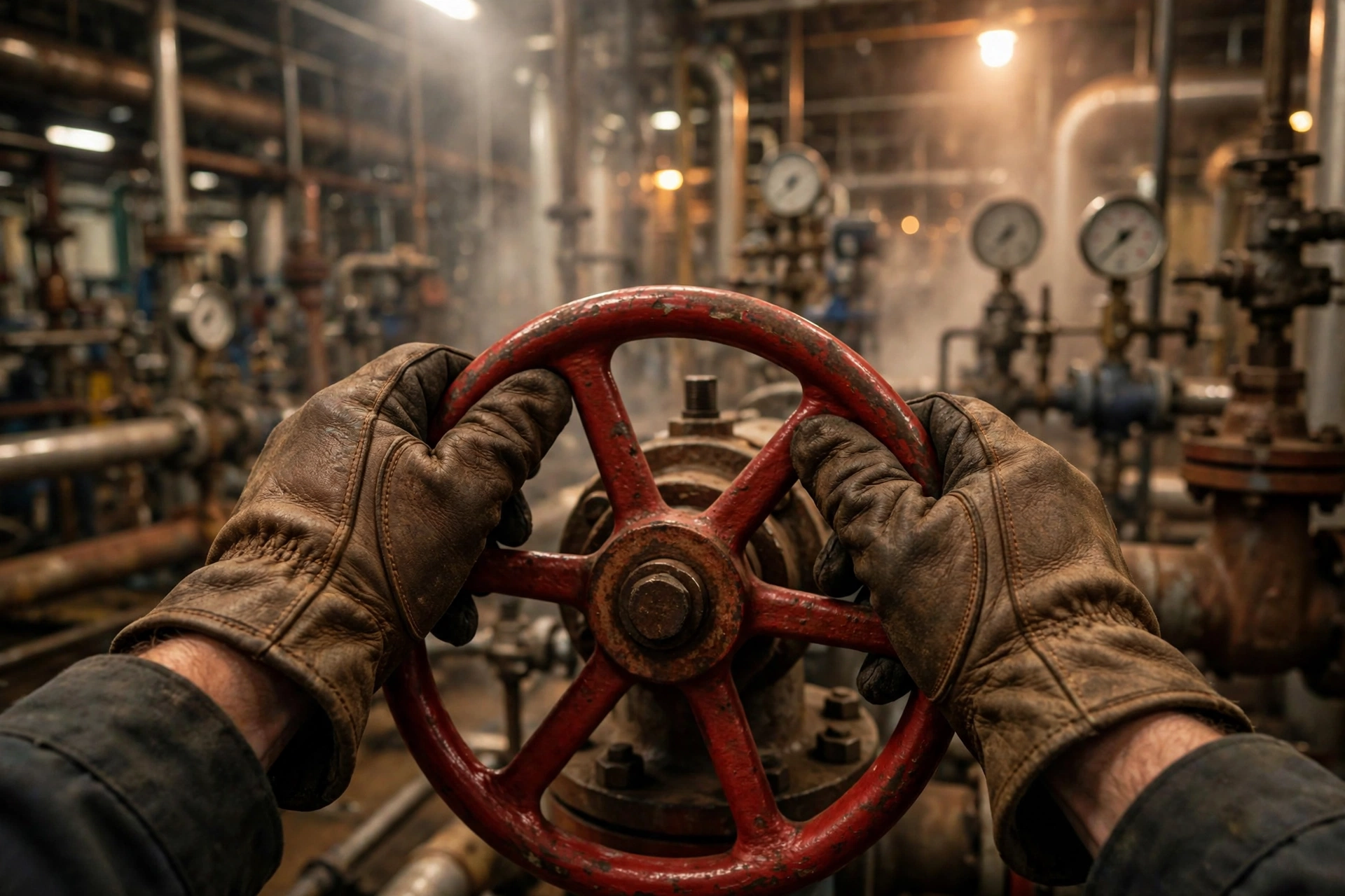 Oil refinery worker wearing HNJ Driver Elite gloves turning a large pipe valve wheel