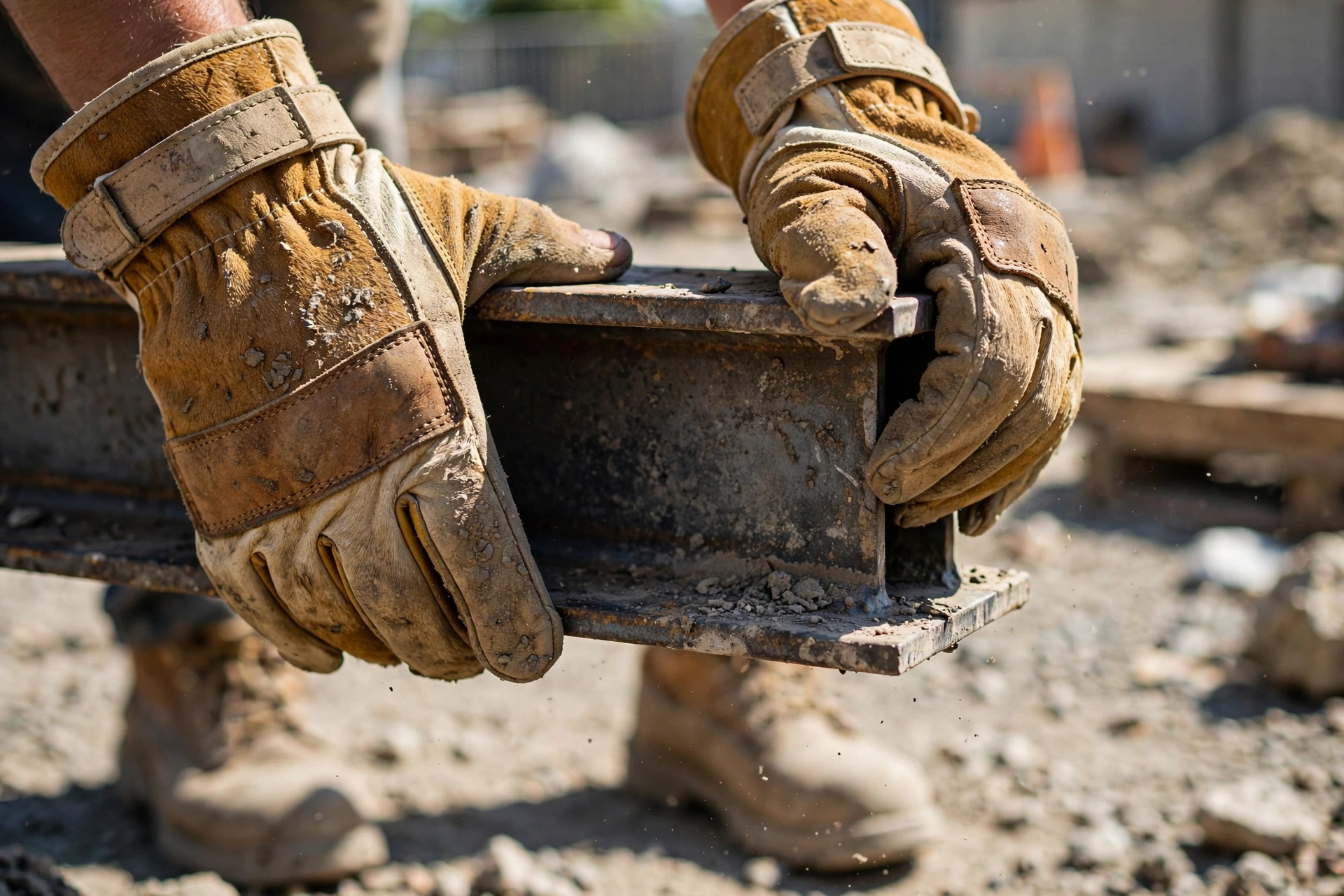 Construction worker wearing HNJ Rigger Max split cowhide gloves gripping a steel I-beam
