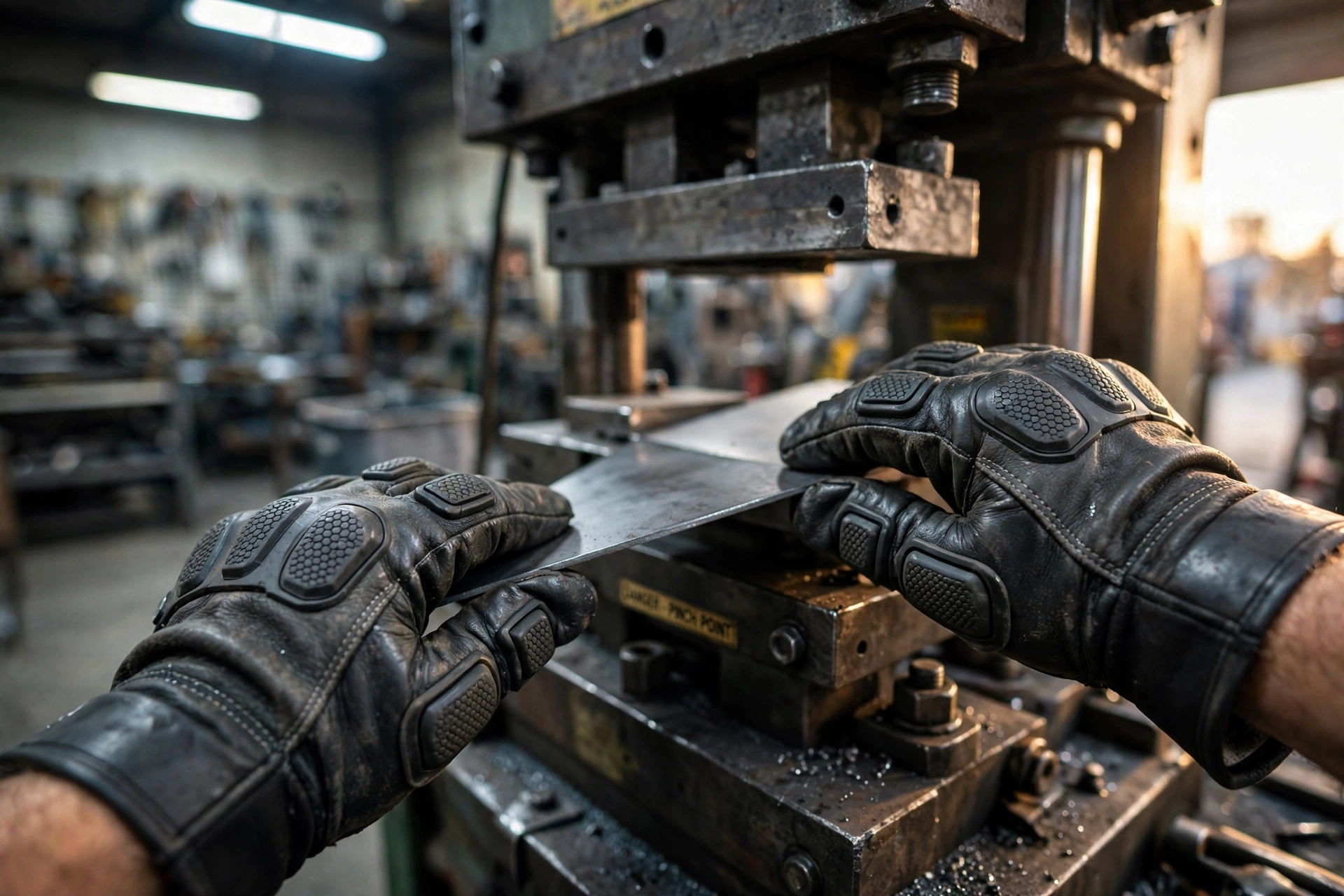 Metal fabricator wearing HNJ CutShield A4 gloves feeding a steel sheet into a brake press