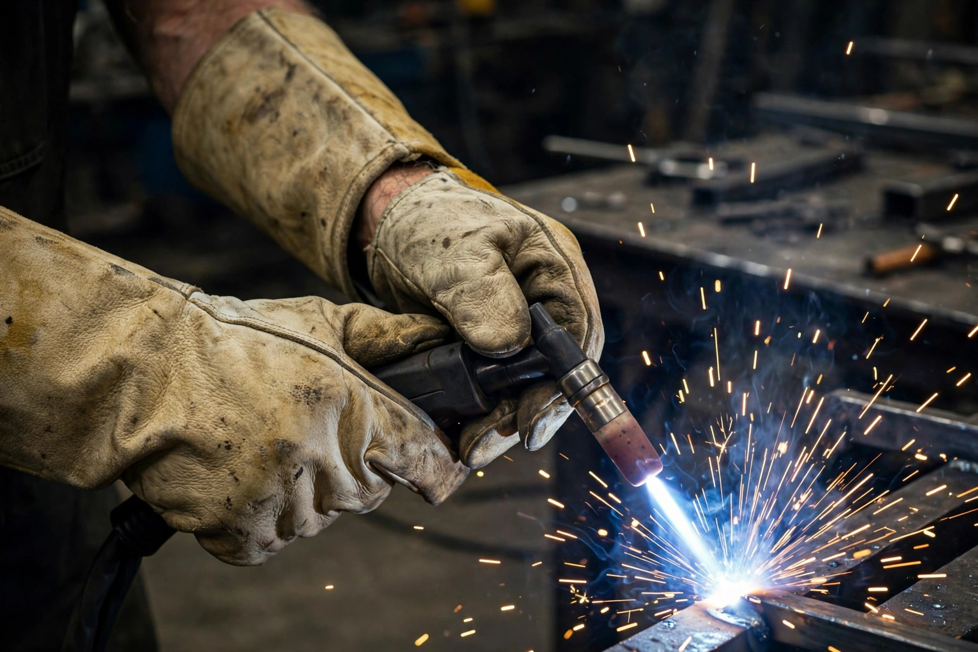 Welder wearing HNJ TIG Pro goatskin gloves holding a TIG torch with sparks flying